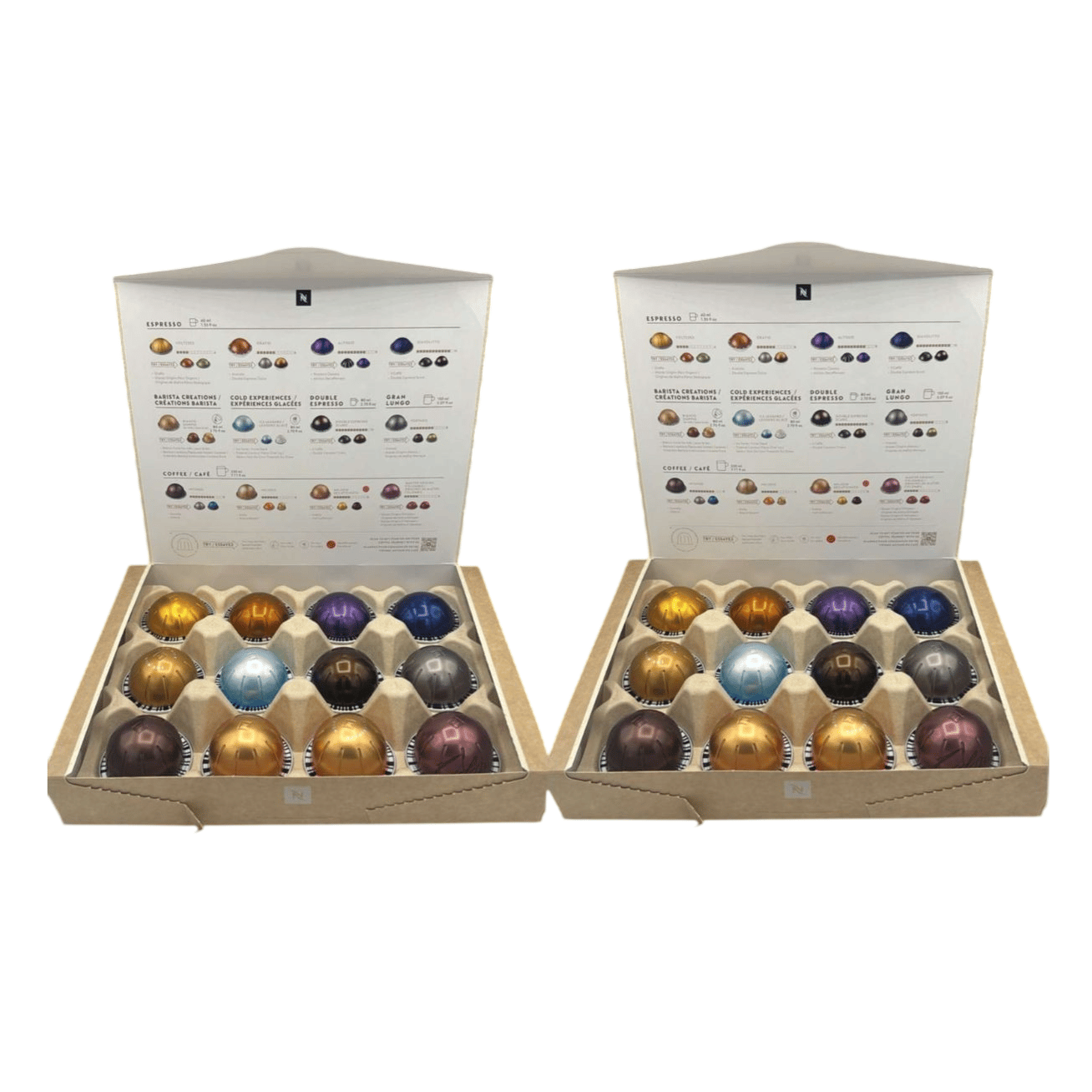 Two open boxes of Nespresso coffee pods, each containing 12 colorful capsules with a description sheet detailing various blends and intensities.