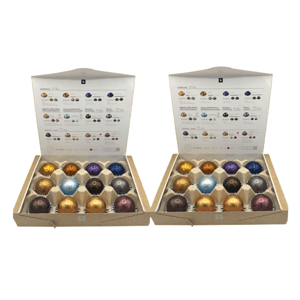 Two open boxes of Nespresso coffee pods, each containing 12 colorful capsules with a description sheet detailing various blends and intensities.