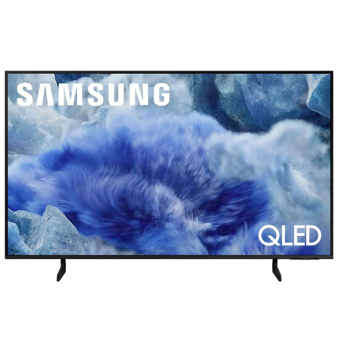 Samsung QLED TV with a display featuring vibrant blue abstract imagery.