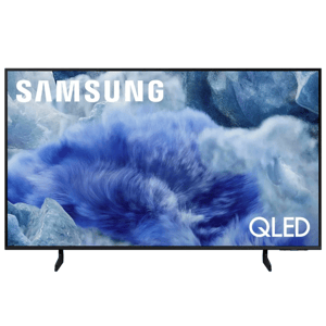 Samsung QLED TV with a display featuring vibrant blue abstract imagery.