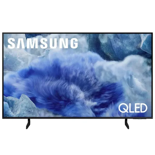Samsung QLED TV with a display featuring vibrant blue abstract imagery.