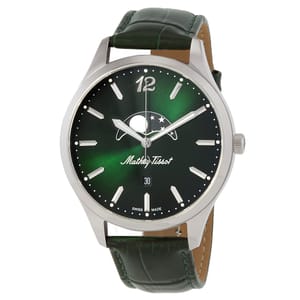 Mathey-Tissot Men's Moonphase Watch features a green dial with a moon phase display, silver hour markers, and hands. It has a date window at 6 o'clock, a stainless steel case, and a green leather strap.