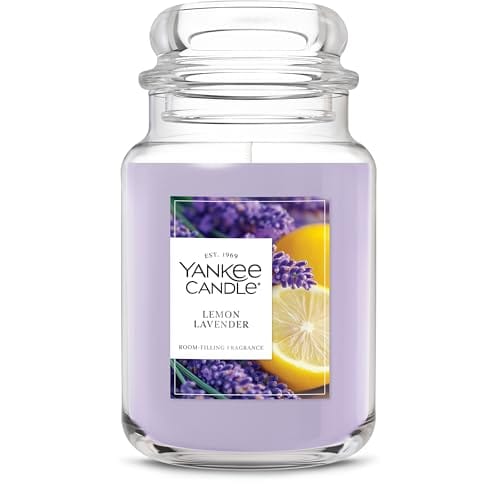 Yankee Candle in a clear glass jar with a lemon lavender scent, featuring a lavender-colored wax.