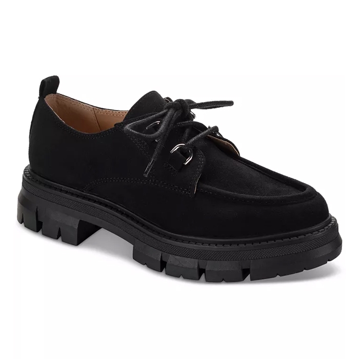 Black suede lace-up shoe with a chunky sole.