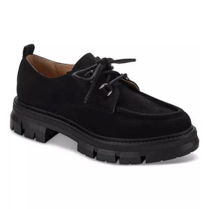 Black suede lace-up shoe with a chunky sole.