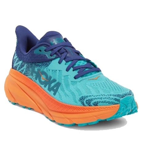 A turquoise and orange running shoe with a wavy sole design and a breathable mesh upper.