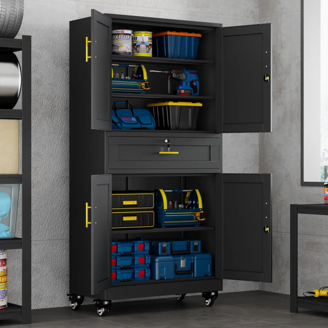 A black metal storage cabinet on wheels with open doors displaying tools, toolboxes, and storage bins on shelves. The cabinet includes a central lockable drawer and yellow handles, suitable for organizing various hardware and DIY items.