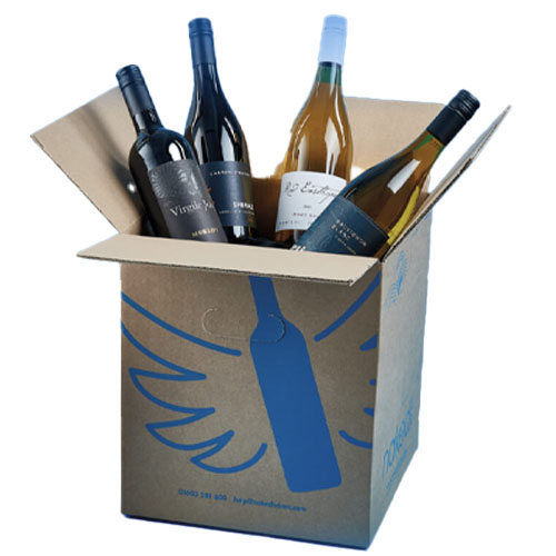 A cardboard box displays four bottles of wine with various labels, showcasing a mix of red and white varieties. The box features a stylized blue wine bottle and wing design.