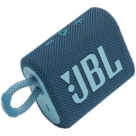 A portable JBL Bluetooth speaker in blue with a woven fabric exterior and loop handle.