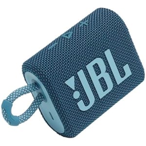 A portable JBL Bluetooth speaker in blue with a woven fabric exterior and loop handle.