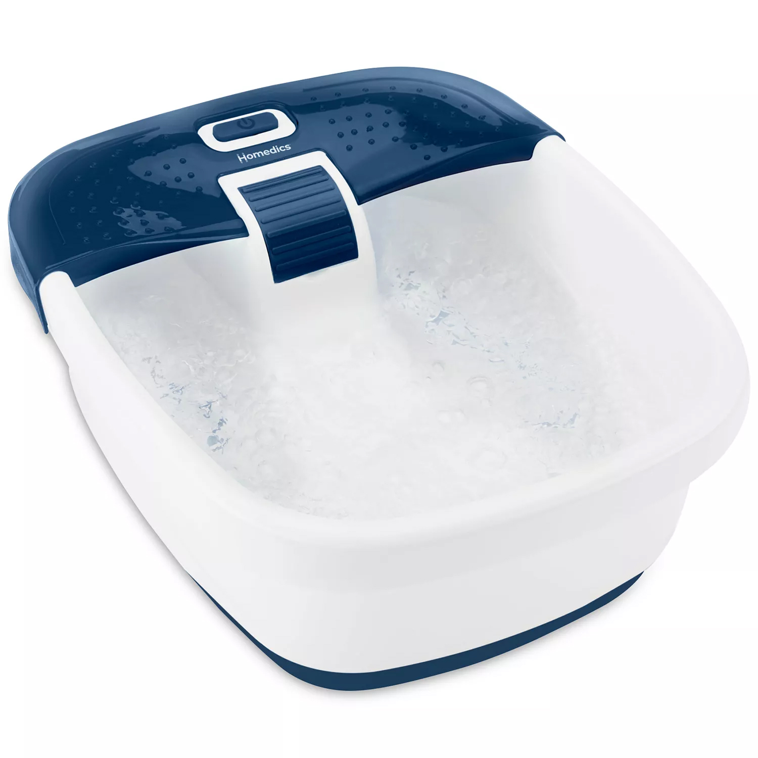Foot spa bath with water jets and a splash guard, featuring a blue and white design.