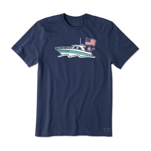 Navy blue men's T-shirt with a graphic of a boat and an American flag on the front.