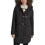 Quilted black hooded coat with toggle closures and large front pockets, worn over a zip-up sweater.