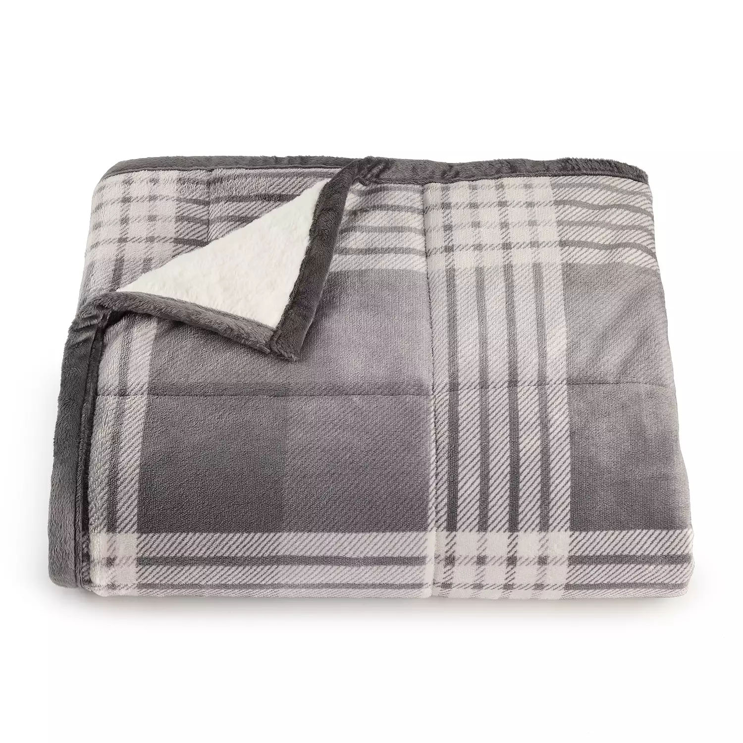 A gray plaid blanket with a sherpa lining is shown, folded with the corner turned up to reveal its soft interior.