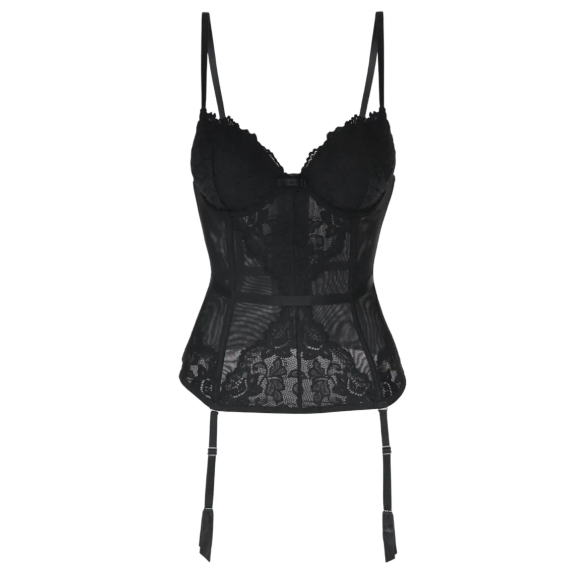 A black lace bustier with adjustable straps and garter straps, featuring floral patterns and underwire support.