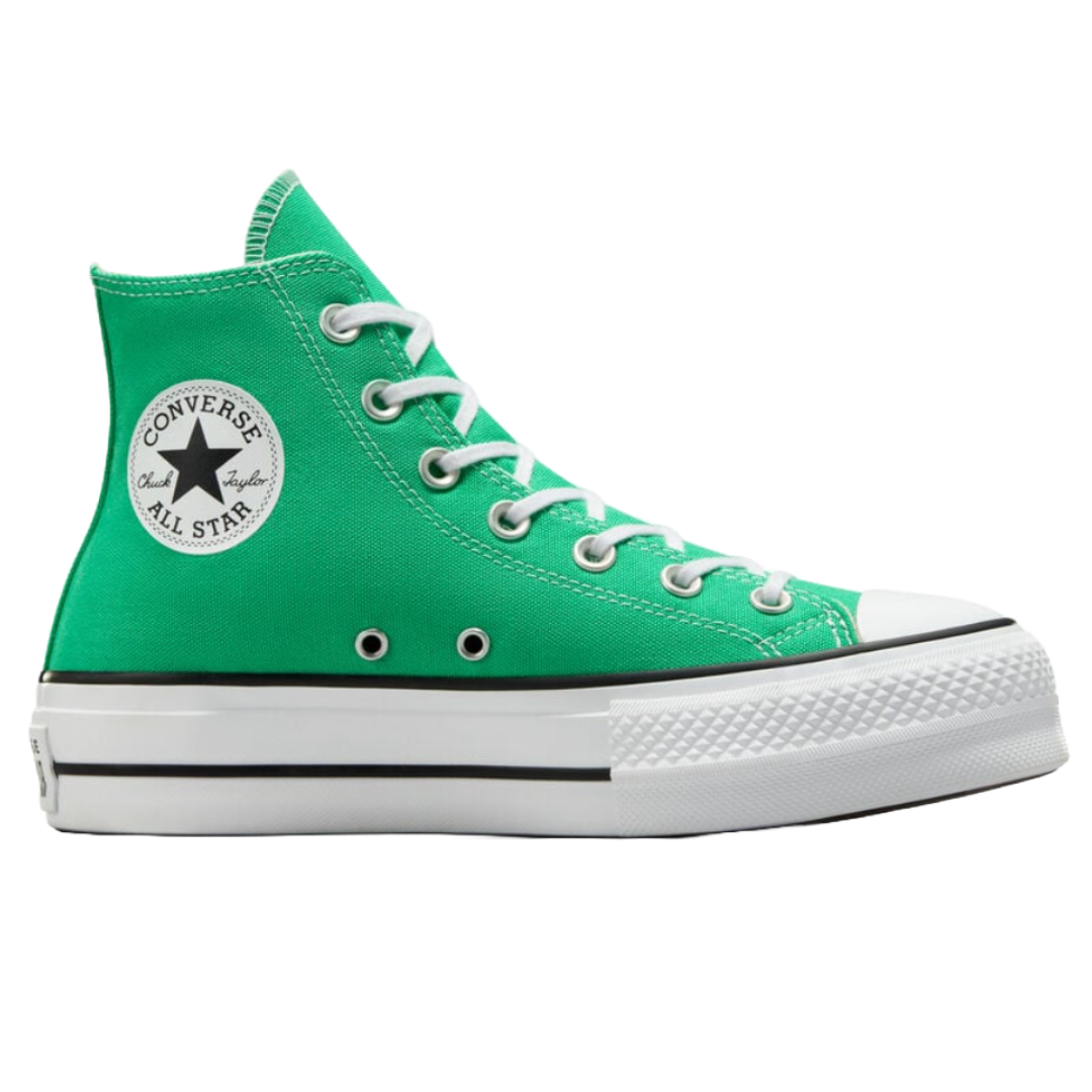 Green high-top Converse Chuck Taylor All Star shoes with a platform sole, featuring white laces, white rubber toe cap, and black trim. The classic Converse logo patch is displayed on the ankle.