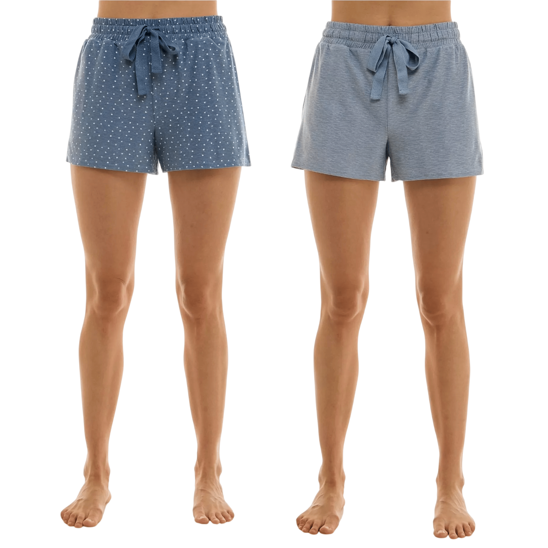 Two pairs of women's shorts featuring an elastic waistband and drawstring. One pair has a polka dot pattern, while the other is solid blue.