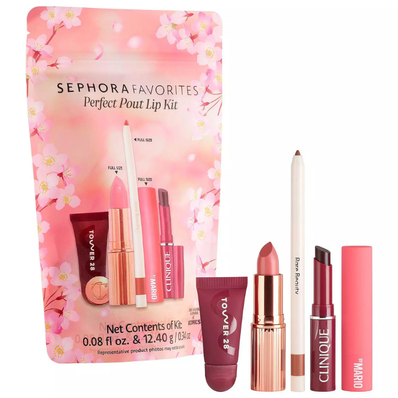 Sephora Favorites Perfect Pout Lip Kit includes Tower 28 mini lip gloss, a full-size Rare Beauty lip liner, Charlotte Tilbury lipstick, Clinique lip color, and Makeup by Mario lip product. Packaging features cherry blossom design.