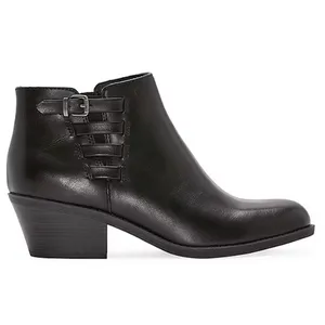 Black ankle boot with a block heel and decorative buckle straps.