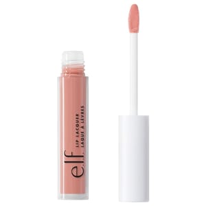 A tube of E.L.F. Lip Lacquer with a creamy nude shade is shown alongside its applicator brush, which has a white handle.