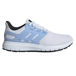 White athletic shoe with light blue accents, featuring a mesh upper and black sole, designed for running or casual wear.