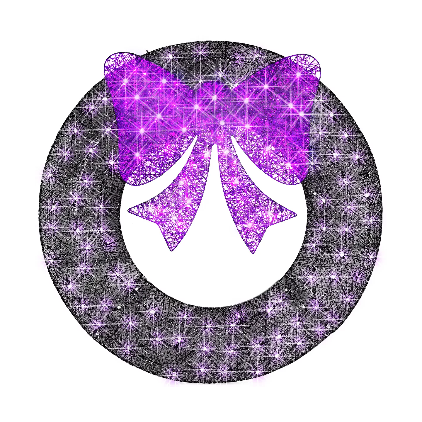 A decorative circular design features a bright pink, glittery bow at the top against a black, web-like textured background.