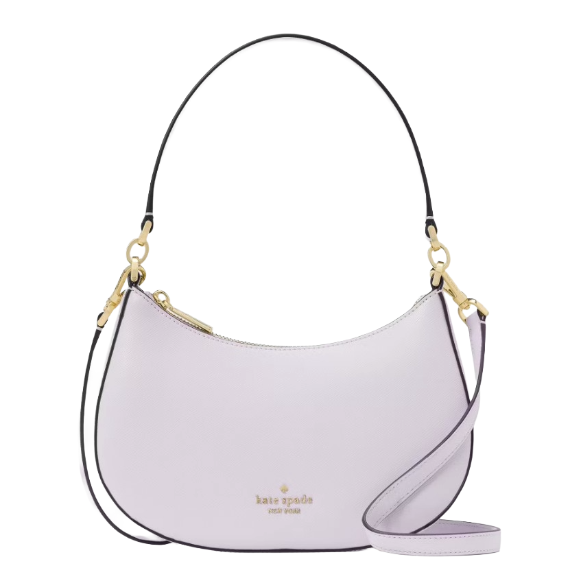A light purple Kate Spade New York shoulder bag featuring gold hardware, a zip closure, and an adjustable strap.