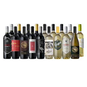 A selection of red and white wine bottles, featuring brands like Honest, Girl and Dragon, and Leap. The lineup includes different blends such as Cabernet Sauvignon, Pinot Grigio, and other mixed varietals.