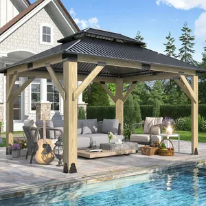 A wooden gazebo with a metal roof is set up on a patio beside a pool, featuring outdoor furniture, a guitar, and a small lantern.