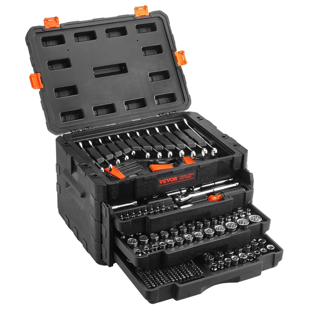 A comprehensive black and orange tool set from VEVOR with multiple drawers and compartments containing various wrenches, sockets, and other hand tools, designed for organization and ease of access.