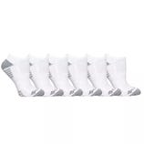 6-pack of white Columbia women's no-show socks with gray accents on the heels and toes, featuring a ribbed arch support for a snug fit.