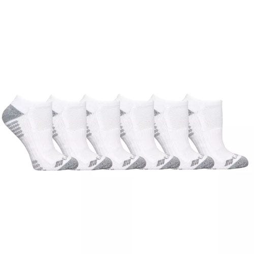 6-pack of white Columbia women's no-show socks with gray accents on the heels and toes, featuring a ribbed arch support for a snug fit.