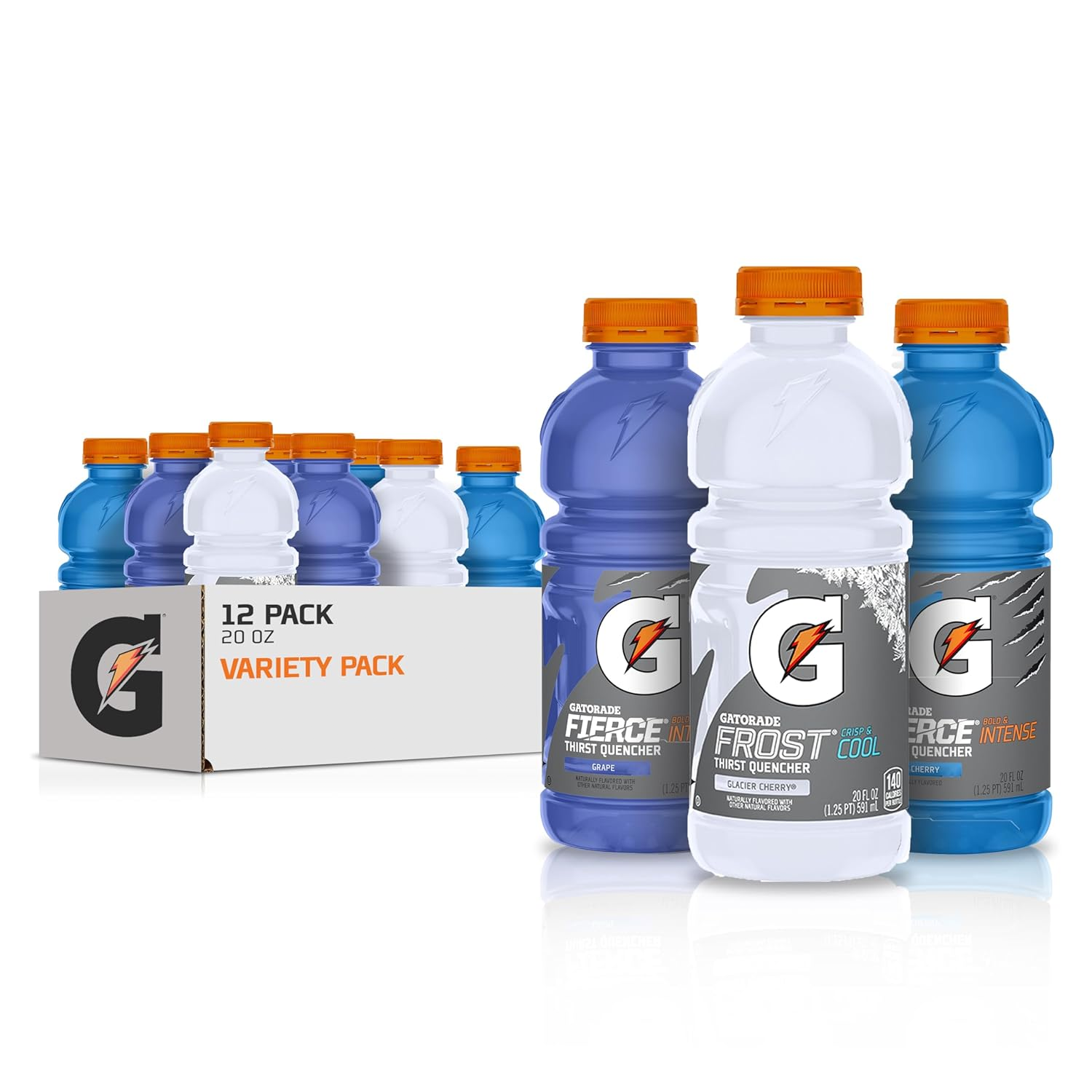 Gatorade Thirst Quencher 12-pack variety includes 20 oz bottles in flavors like Fierce Grape, Frost Glacier Cherry, and Cool Blue.