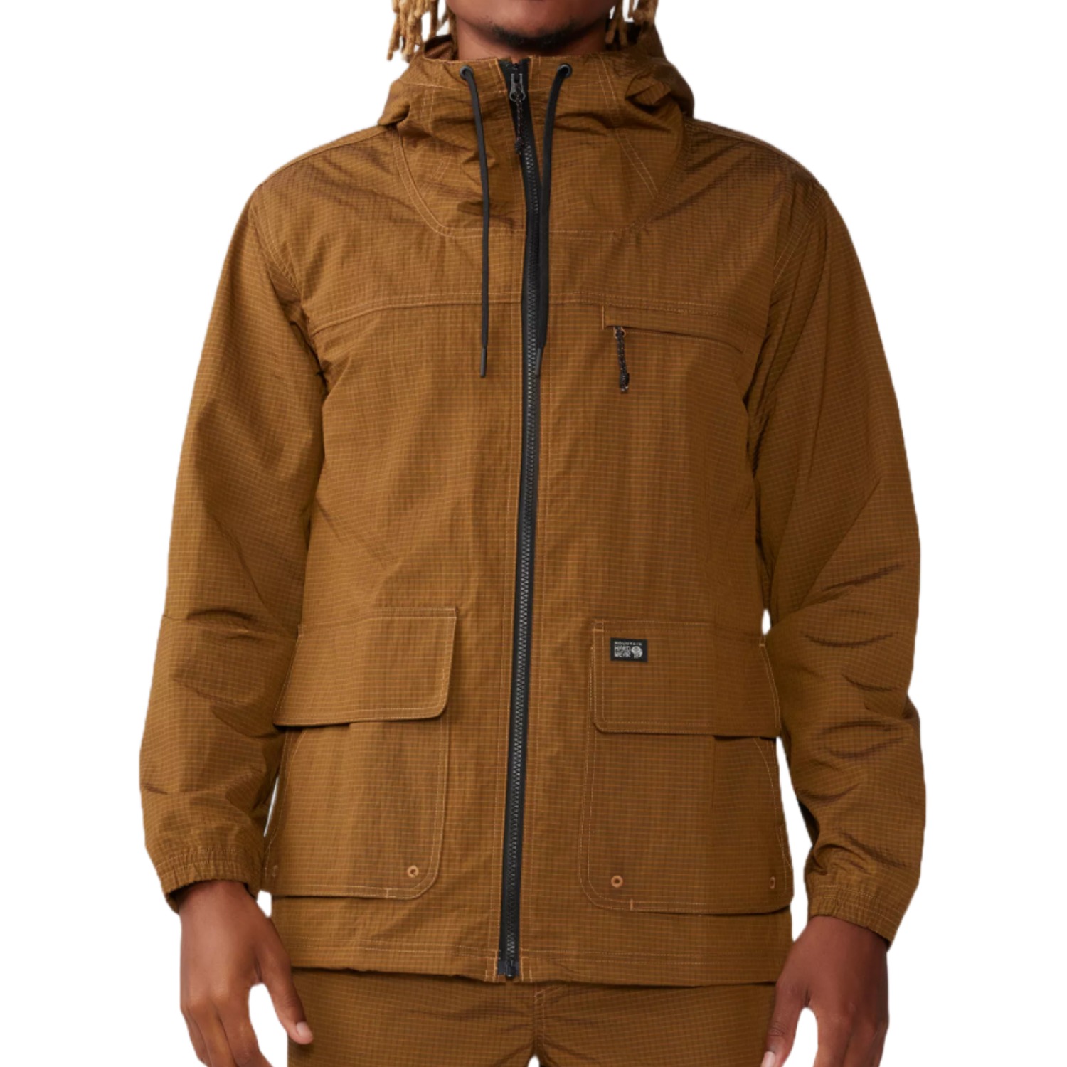 Brown Mountain Hardwear Stryder Jacket with a full zip, drawstring hood, and multiple pockets, including a chest and front flap pockets; features a subtle checkered pattern.