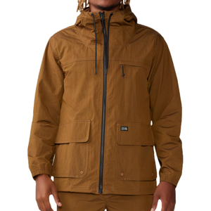 Brown Mountain Hardwear Stryder Jacket with a full zip, drawstring hood, and multiple pockets, including a chest and front flap pockets; features a subtle checkered pattern.