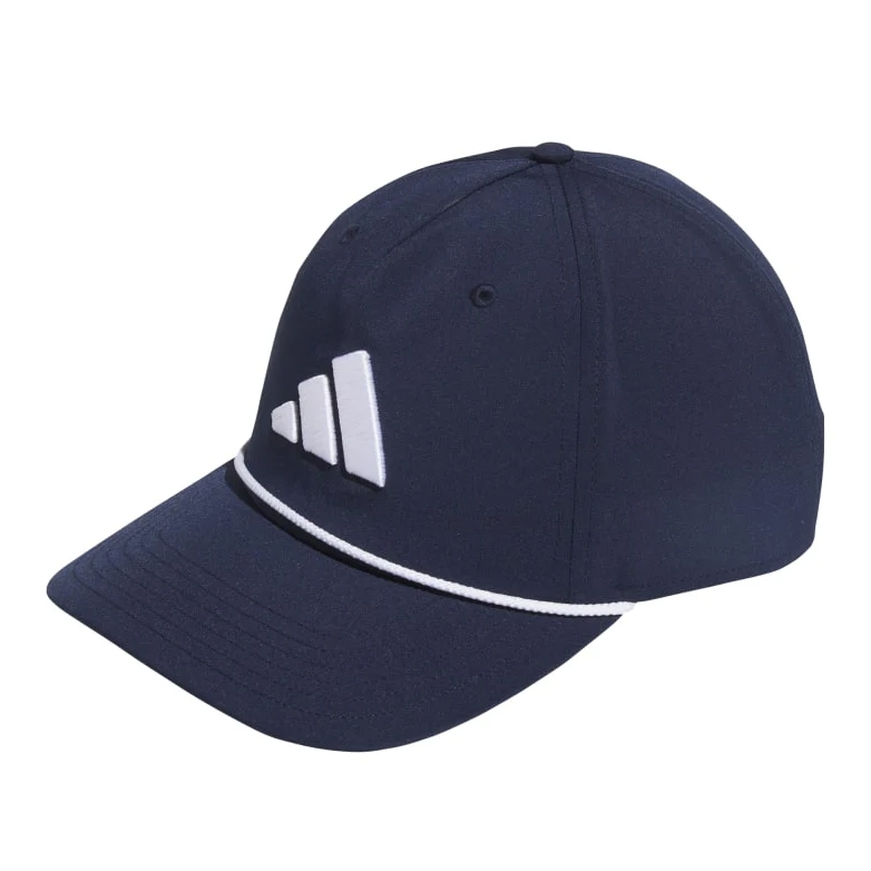 A navy blue baseball cap with a white logo on the front and a white trim across the brim.