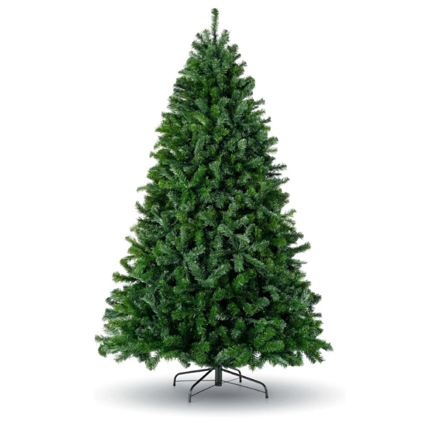 A six-foot artificial Christmas tree with dense green foliage mounted on a metal stand.