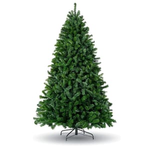 A six-foot artificial Christmas tree with dense green foliage mounted on a metal stand.