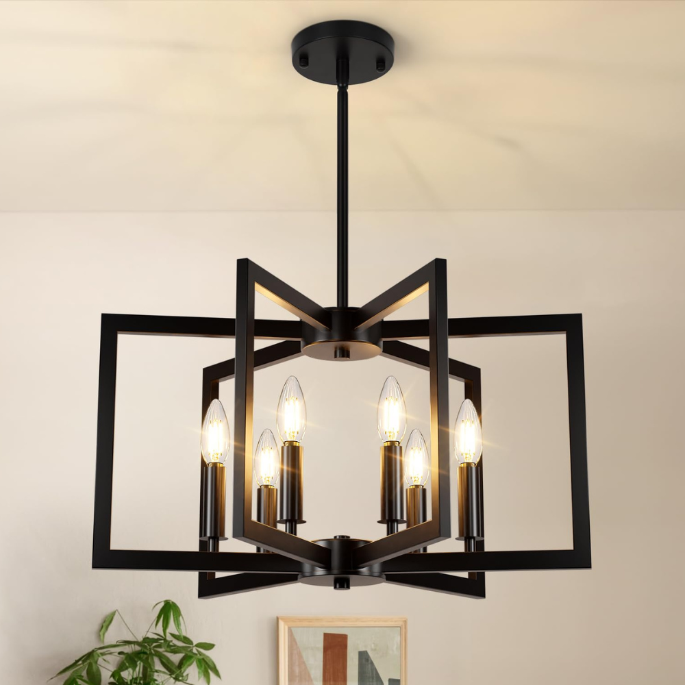 A modern black geometric chandelier with six candle-style bulbs in a metal frame, hanging from a ceiling, adds a contemporary touch to the room.