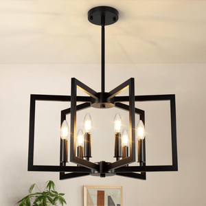 A modern black geometric chandelier with six candle-style bulbs in a metal frame, hanging from a ceiling, adds a contemporary touch to the room.