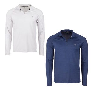 Two long-sleeve quarter-zip tops; one is white and the other is blue.