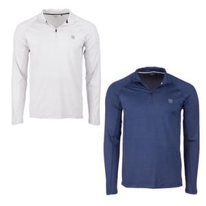 Two long-sleeve quarter-zip tops; one is white and the other is blue.