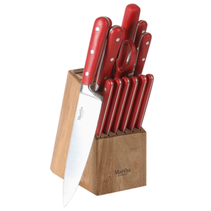 A knife block set featuring red-handled knives and a pair of scissors, stored in a wooden block labeled \“Martha Stewart.\“