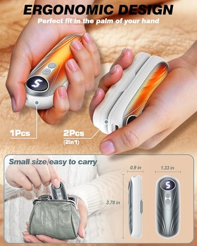 Compact ergonomic hand warmer, available as single or dual units, measuring 3.78 x 1.33 x 0.9 inches. Ideal for carrying in a purse or pocket.