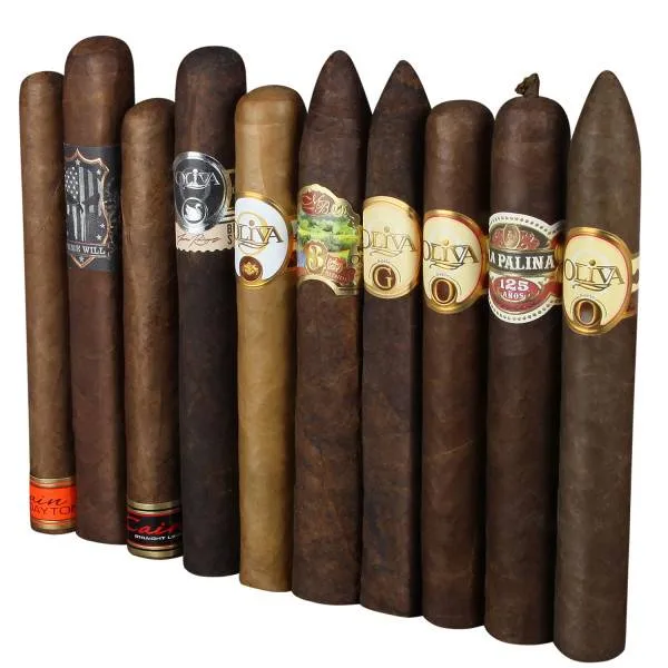 A collection of ten cigars with various labels, featuring different shapes and sizes. Brands and labels like Oliva, La Palina, and Cain are visible.
