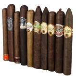 A collection of ten cigars with various labels, featuring different shapes and sizes. Brands and labels like Oliva, La Palina, and Cain are visible.