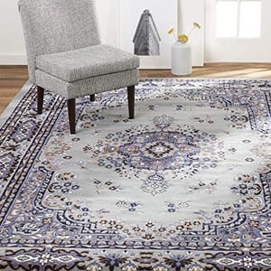A traditional-style area rug featuring a central medallion pattern with floral motifs in shades of gray, blue, and beige, bordered by navy and tan accents.