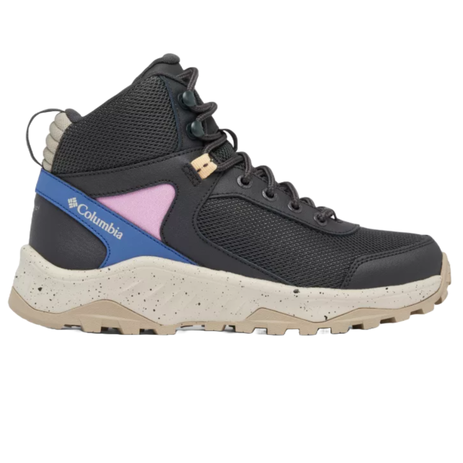 Columbia Women's Trailstorm Boots feature a black mesh upper with blue and pink accents and a speckled beige sole, designed for rugged terrain.