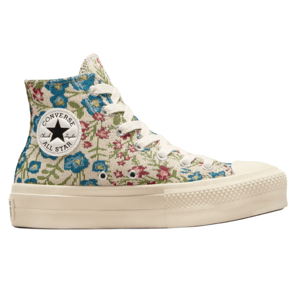 Floral-patterned Converse Chuck Taylor All Star high-top sneaker featuring a cream-colored rubber sole and toe cap with white laces.