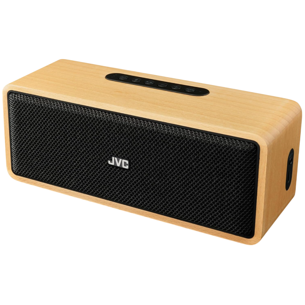 A JVC Bluetooth speaker with a wooden finish and black mesh grill featuring control buttons on top.